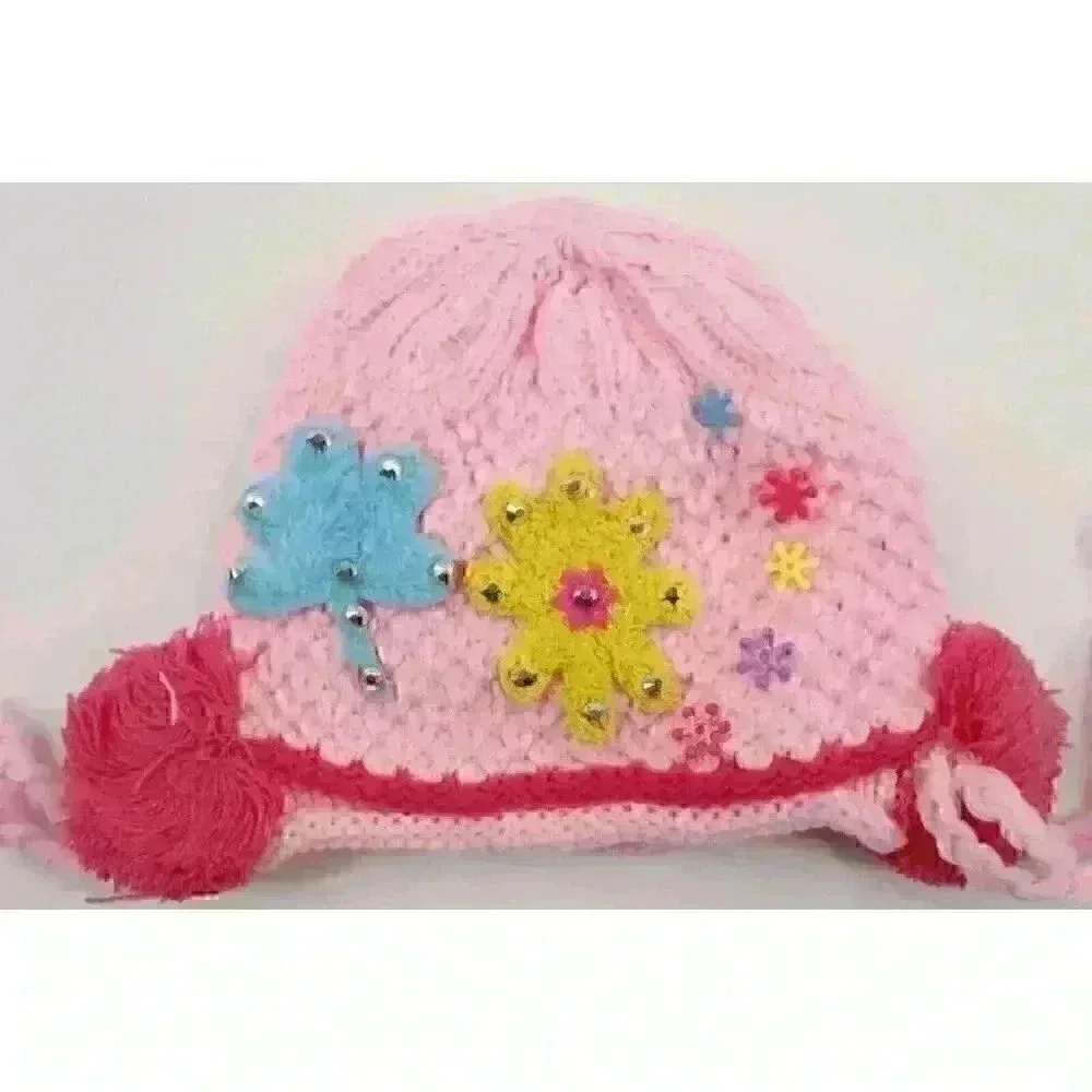 HAND knitted girl hat with knitted applique with beads for 3-6 year old. NEW.